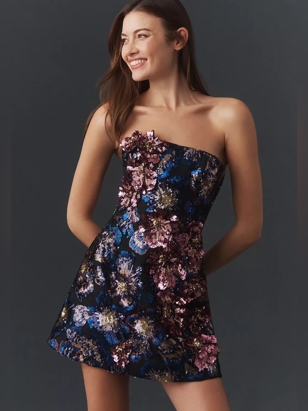 HELSI CAPRICE STRAPLESS MINI DRESS in Black/Navy Floral Size XS NWT